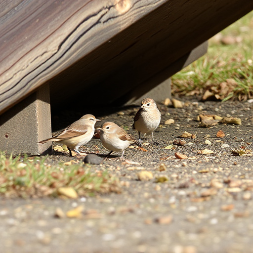Small birds feeding beneath sloped shelter