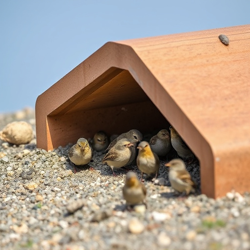 Small birds feeding beneath sloped shelter