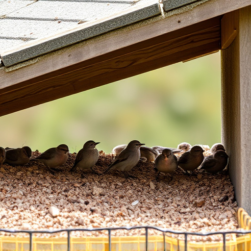 Small birds feeding beneath sloped shelter