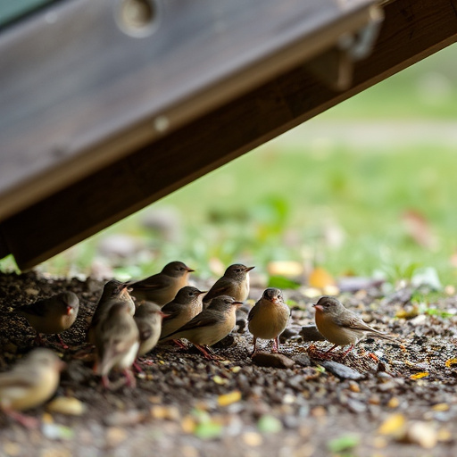 Small birds feeding beneath sloped shelter