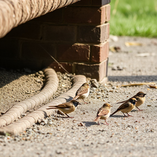 Small birds feeding beneath sloped shelter