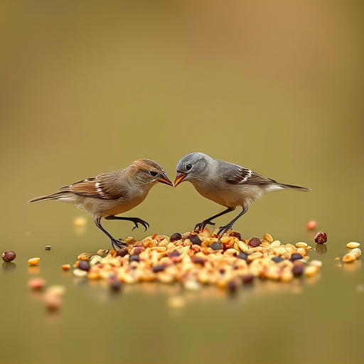 Small birds feeding from scattered seeds
