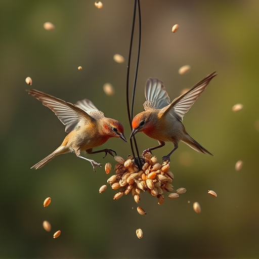 Small birds feeding from scattered seeds