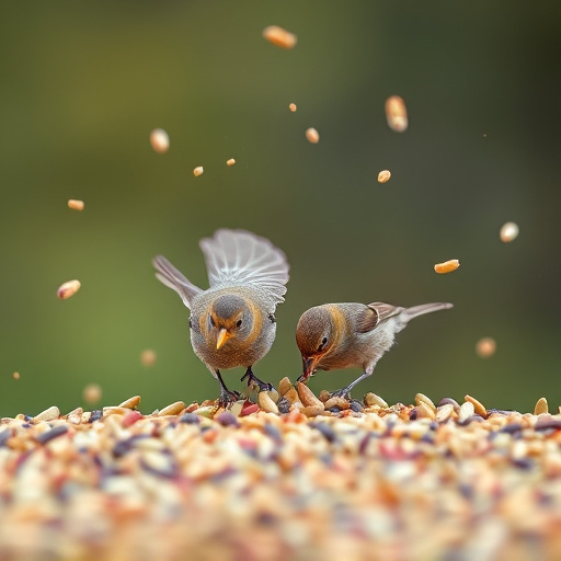 Small birds feeding from scattered seeds