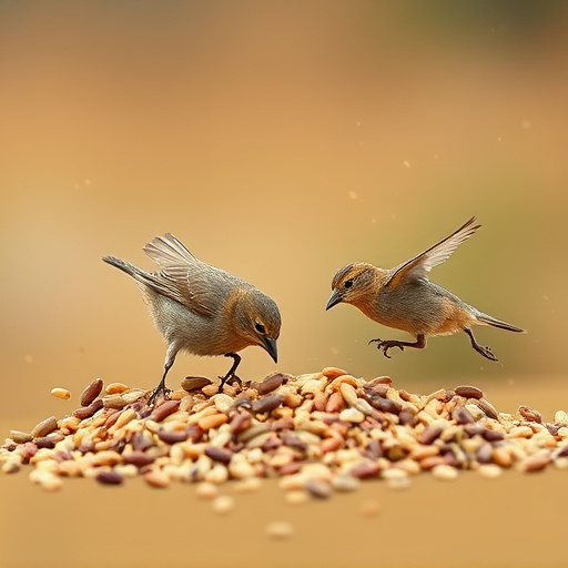 Small birds feeding from scattered seeds