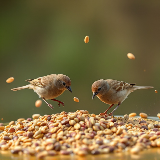 Small birds feeding from scattered seeds