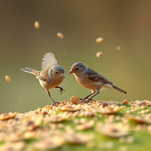 Small birds feeding from scattered seeds
