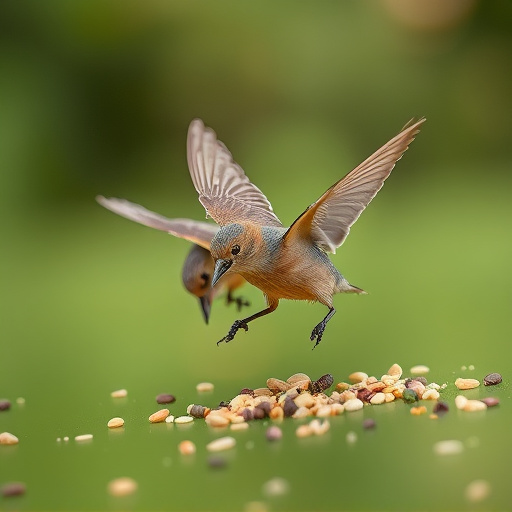Small birds feeding from scattered seeds
