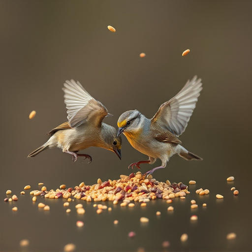 Small birds feeding from scattered seeds