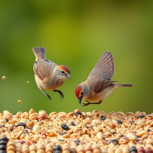 Small birds feeding from scattered seeds