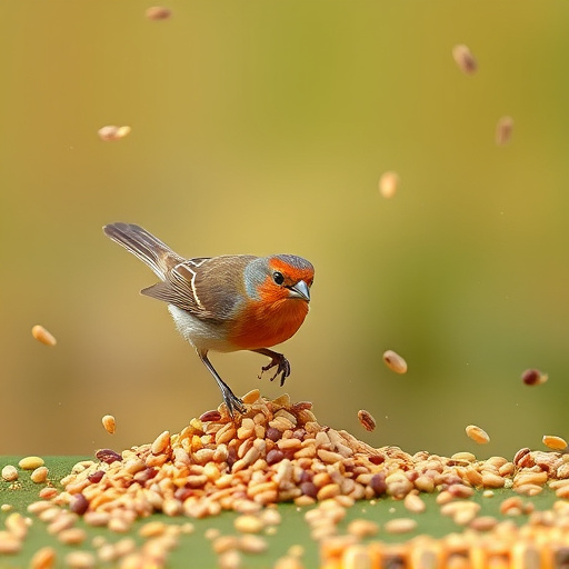 Small birds feeding from scattered seeds