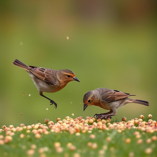 Small birds feeding from scattered seeds