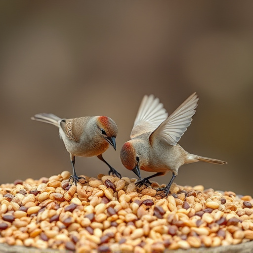 Small birds feeding from scattered seeds