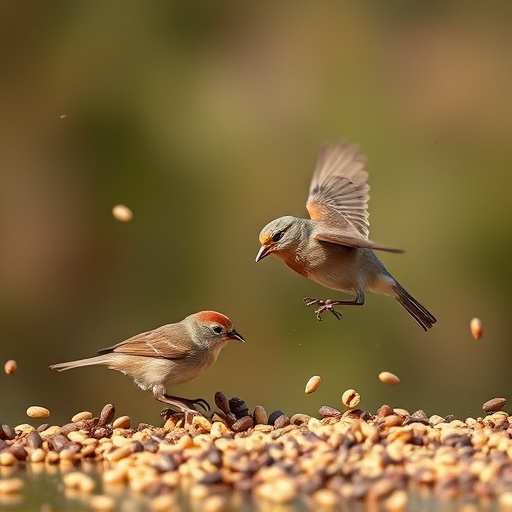 Small birds feeding from scattered seeds