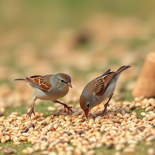 Small birds feeding from scattered seeds