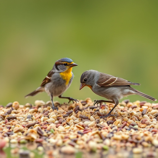 Small birds feeding from scattered seeds