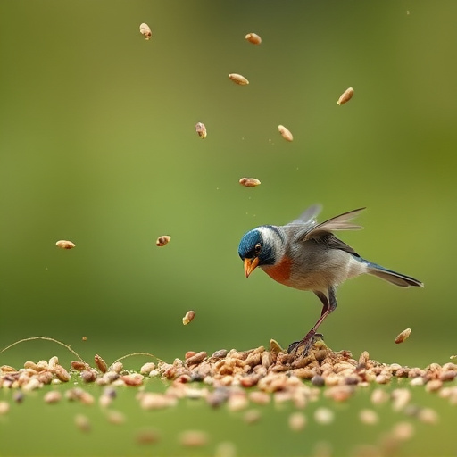 Small birds feeding from scattered seeds