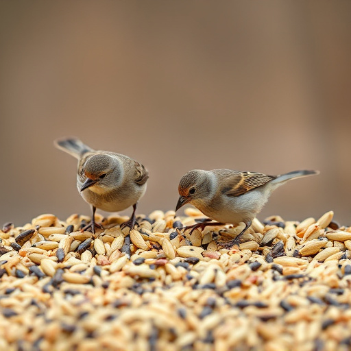 Small birds feeding from scattered seeds