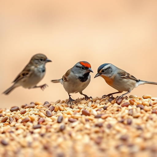 Small birds feeding from scattered seeds