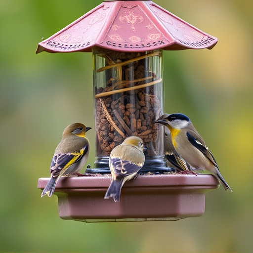 Small birds feeding from specialized feeder