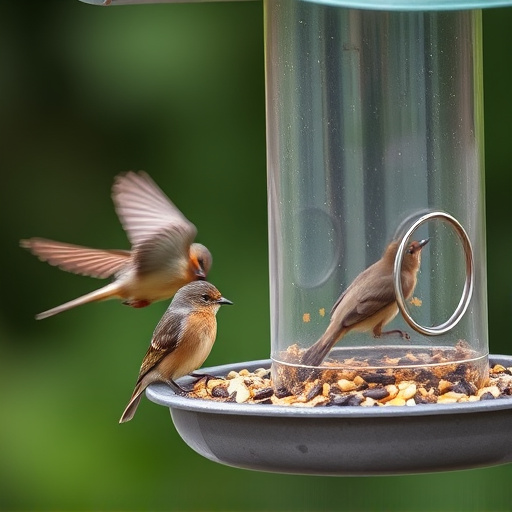 Small birds feeding from specialized feeder