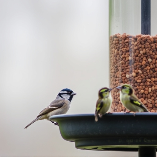 Small birds feeding from specialized feeder