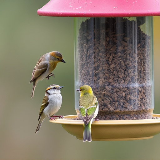 Small birds feeding from specialized feeder
