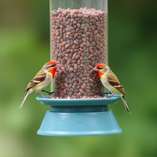 Small birds feeding from specialized feeder