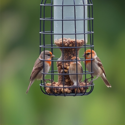 Small birds feeding in wire cage feeder