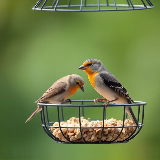 Small birds feeding in wire cage feeder