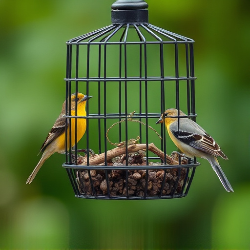 Small birds feeding in wire cage feeder