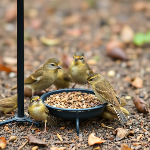 Small birds feeding on ground feeder