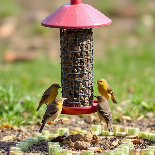 Small birds feeding on ground feeder