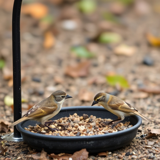 Small birds feeding on ground feeder