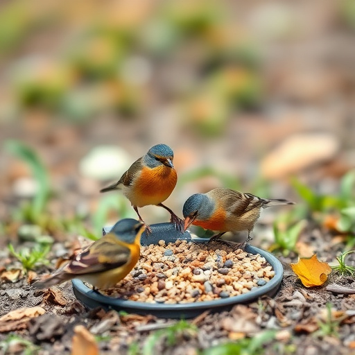 Small birds feeding on ground feeder