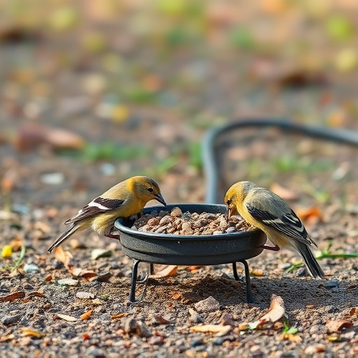 Small birds feeding on ground feeder