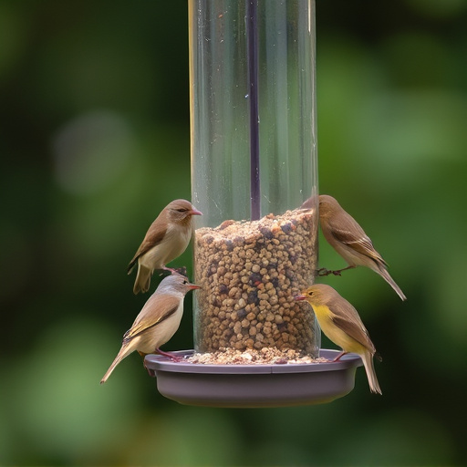 Small birds feeding on ground feeder
