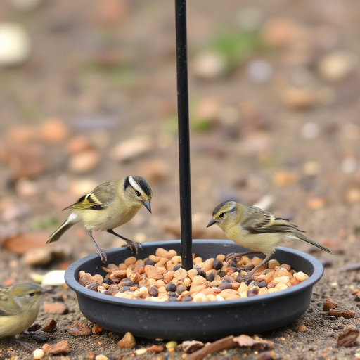 Small birds feeding on ground feeder
