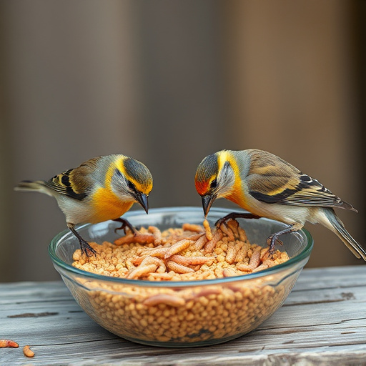 Small birds feeding on mealworms dish