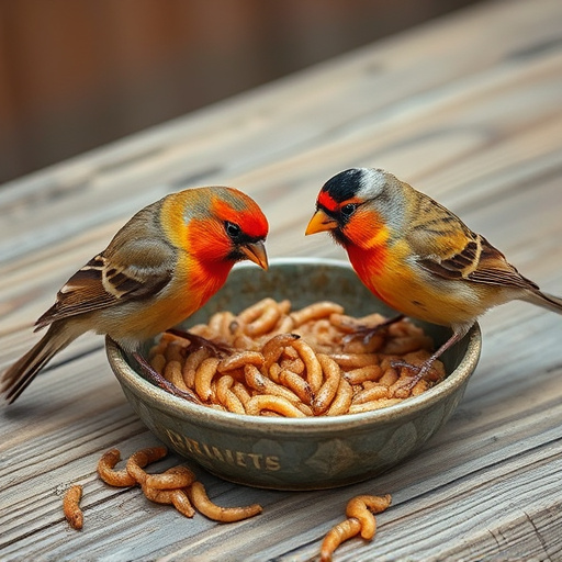 Small birds feeding on mealworms dish