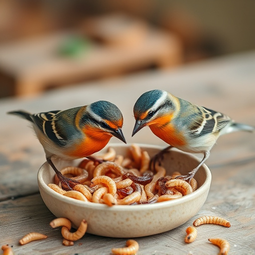 Small birds feeding on mealworms dish