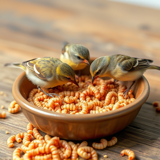 Small birds feeding on mealworms dish