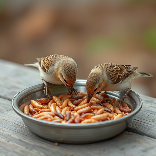 Small birds feeding on mealworms dish