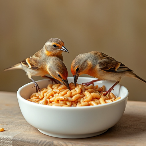 Small birds feeding on mealworms dish