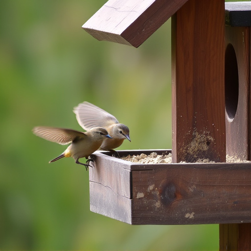 Small birds feeding on wooden station
