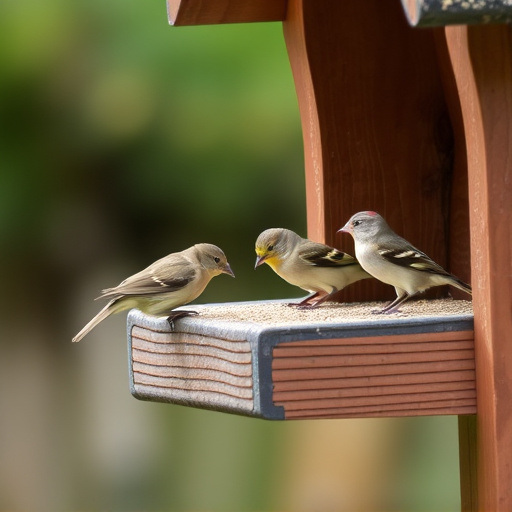 Small birds feeding on wooden station