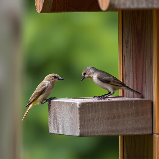 Small birds feeding on wooden station