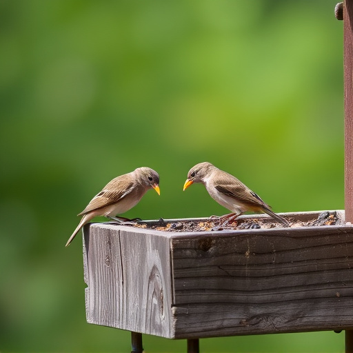 Small birds feeding on wooden station
