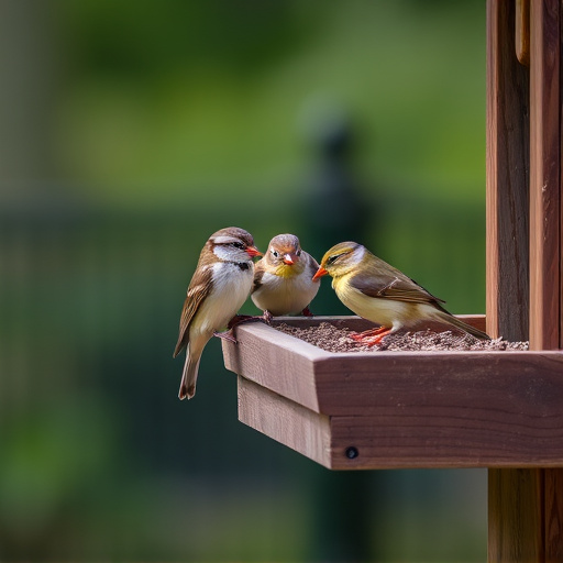 Small birds feeding on wooden station