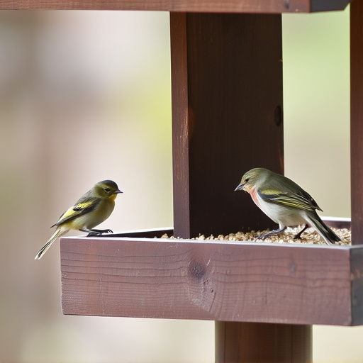 Small birds feeding on wooden station